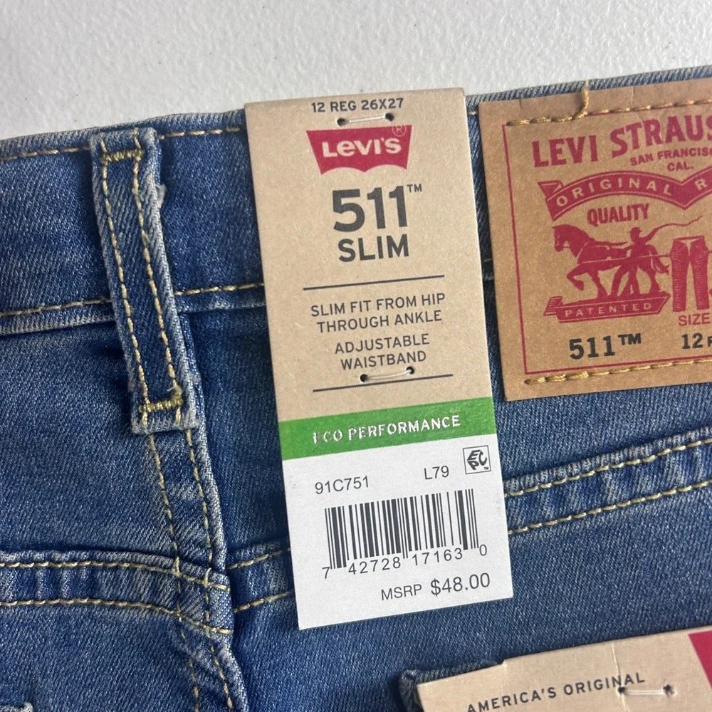 Levis 511‎ Slim Boys Jeans Size 12 Reg 26x27 Medium Wash Adjustable Waist NEW